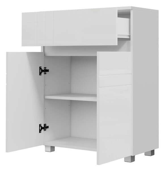 Kleankin Mobiletto da bagno su piedi con 2 porte 1 cassetto, scaffale regolabile, bianco lucido