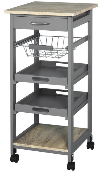 HOMCOM Carrello da servizio carrello da cucina a ruote con cestino + 2 vassoi rimovibili, cassetto, mensola in legno rovere chiaro