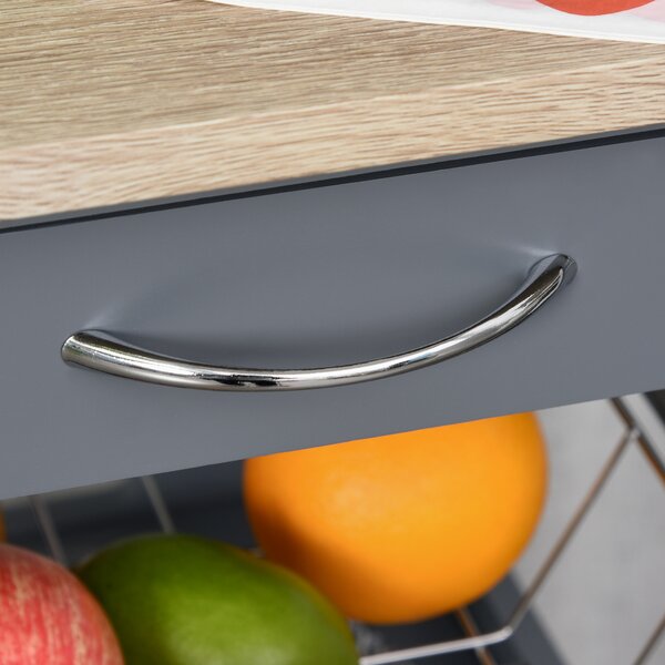 HOMCOM Carrello da servizio carrello da cucina a ruote con cestino + 2 vassoi rimovibili, cassetto, mensola in legno rovere chiaro