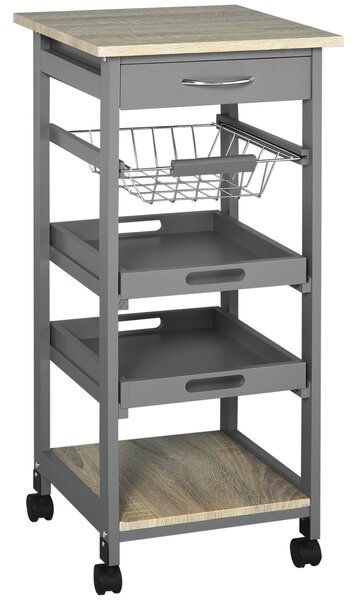 HOMCOM Carrello da servizio carrello da cucina a ruote con cestino + 2 vassoi rimovibili, cassetto, mensola in legno rovere chiaro