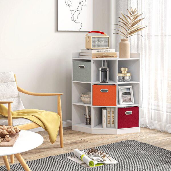 HOMCOM Mobile di archiviazione d'angolo mobile bambini unità di archiviazione 9 nicchie 3 cestini non tessuto MDF bianco