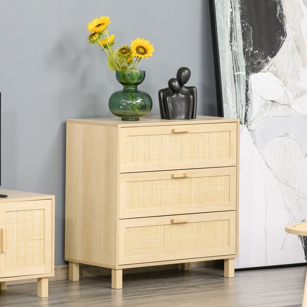 HOMCOM Cassettiera a 3 Cassetti in Legno e Rattan per Camera da Letto, Soggiorno e Ufficio, Colore Legno Naturale, 80x40x80cm