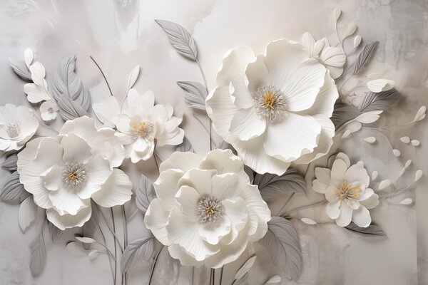 Carta da parati Eleganti fiori bianchi con petali sottili e stami gialli su sfondo grigio, Carta da parati 3D, w09029 : Uwalls.it
