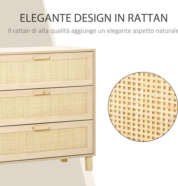 HOMCOM Cassettiera a 3 Cassetti in Legno e Rattan per Camera da Letto, Soggiorno e Ufficio, Colore Legno Naturale, 80x40x80cm