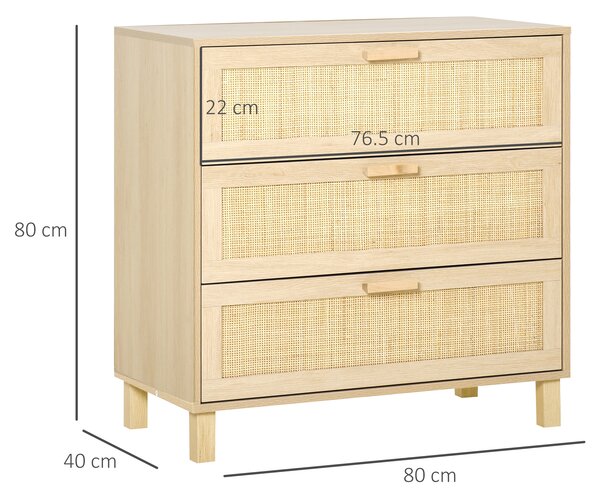 HOMCOM Cassettiera a 3 Cassetti in Legno e Rattan per Camera da Letto, Soggiorno e Ufficio, Colore Legno Naturale, 80x40x80cm
