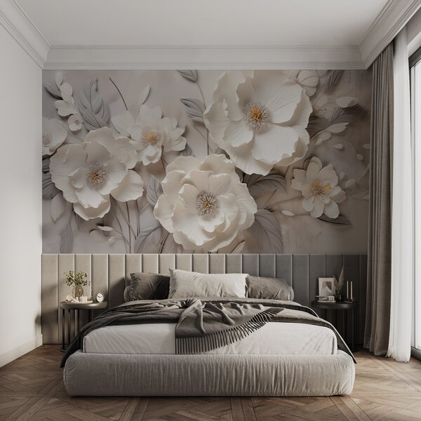 Carta da parati Eleganti fiori bianchi con petali sottili e stami gialli su sfondo grigio, Carta da parati 3D, w09029 : Uwalls.it