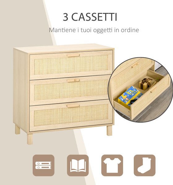 HOMCOM Cassettiera a 3 Cassetti in Legno e Rattan per Camera da Letto, Soggiorno e Ufficio, Colore Legno Naturale, 80x40x80cm