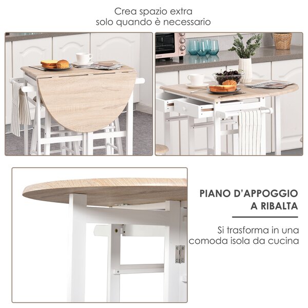 HOMCOM Carrello Cucina Pieghevole e Salvaspazio Tavolino con 2 Sgabelli 2 Cassetti 5 Ruote (Rotazione 360°), Legno MDF Bianco|Aosom