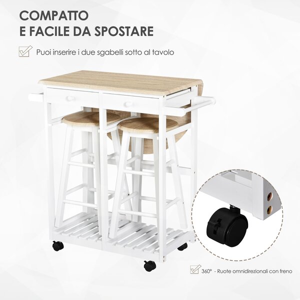 HOMCOM Carrello Cucina Pieghevole e Salvaspazio Tavolino con 2 Sgabelli 2 Cassetti 5 Ruote (Rotazione 360°), Legno MDF Bianco|Aosom