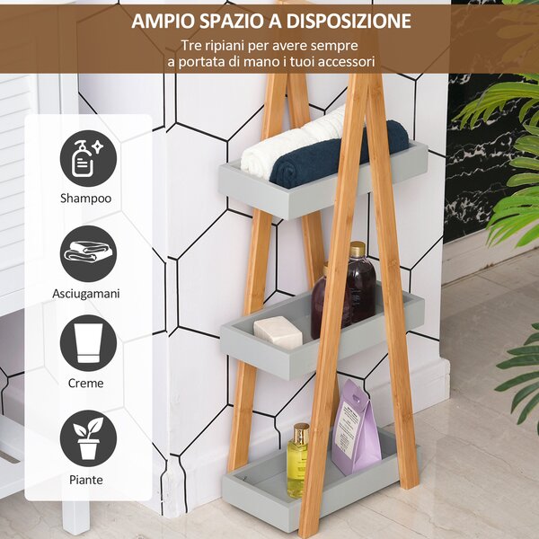 Kleankin Scaffale Bagno Salvaspazio in MDF e Bambù, Forma a Piramide con 3 Mensole,Design minimalista ed essenziale, Grigio, 30x18x81cm|Aosom Italy
