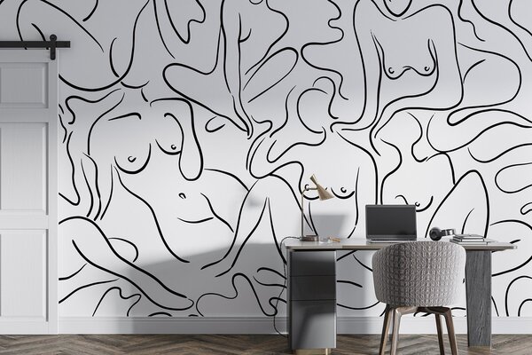 Carta da parati Disegno lineare di silhouette di corpi femminili, astrazione, colore nero, Carta da parati in Bianco e Nero, w03755 : Uwalls.it
