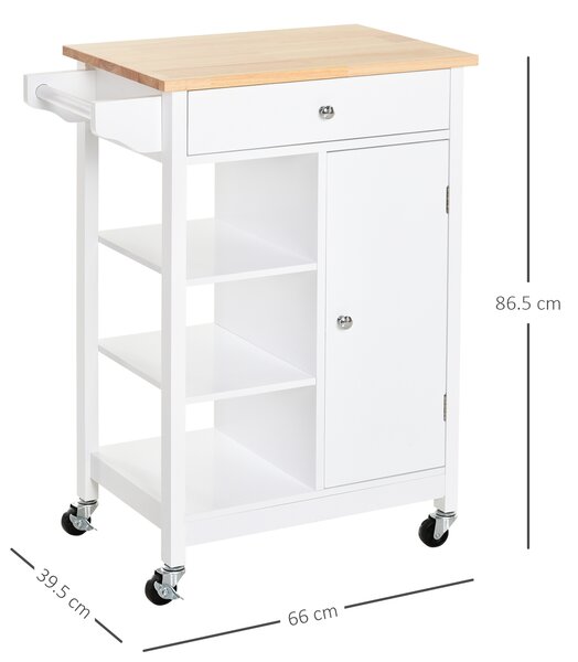 HOMCOM Carrello da cucina con cassetto armadio e ripiani aperti, carrelli portavivande con 4 route a 360°, di legno bianco 66 x 39,5 x 86,5|Aosom