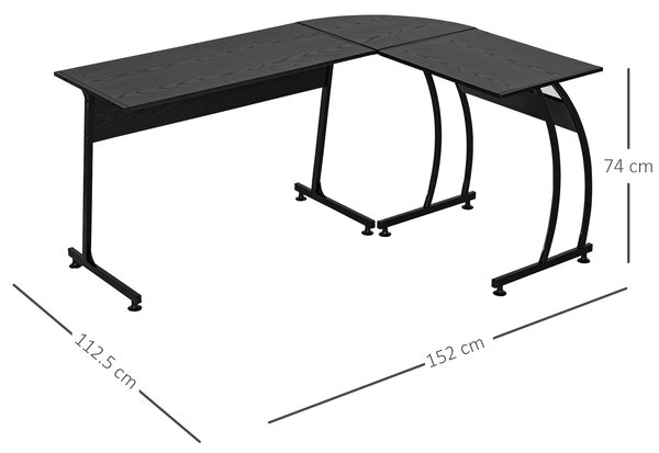 HOMCOM Scrivania Gaming Angolare in Legno e Metallo, per Casa Ufficio o Studio, Salvaspazio, 112.5 x 152 x 74cm, Nera|Aosom