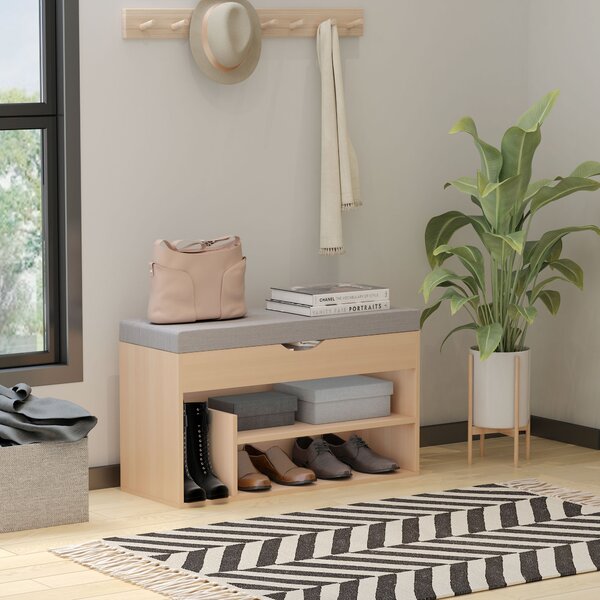 HOMCOM Panca Scarpiera 2 in 1 con Seduta Imbottita Apribile e 3 Ripiani Aperti, in Legno, 80x30x48cm, Rovere e Grigio | Aosom Italy