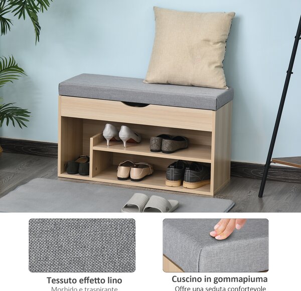 HOMCOM Panca Scarpiera 2 in 1 con Seduta Imbottita Apribile e 3 Ripiani Aperti, in Legno, 80x30x48cm, Rovere e Grigio | Aosom Italy