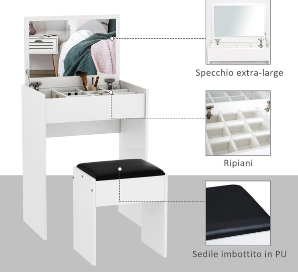 HOMCOM Tavolo da toletta con specchio retrattile sgabello contenitore 9 moderno in pannello truciolare bianco nero 60.2 x40.2 x 79cm|Aosom