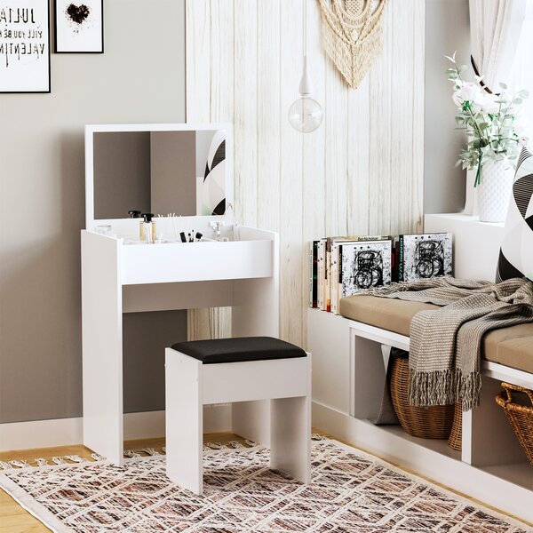 HOMCOM Tavolo da toletta con specchio retrattile sgabello contenitore 9 moderno in pannello truciolare bianco nero 60.2 x40.2 x 79cm|Aosom