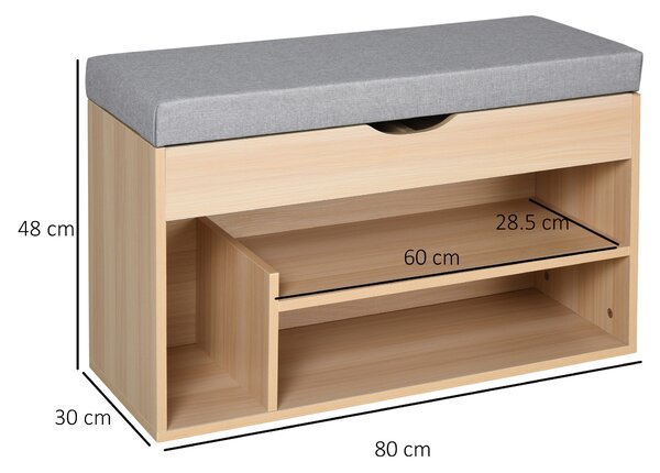 HOMCOM Panca Scarpiera 2 in 1 con Seduta Imbottita Apribile e 3 Ripiani Aperti, in Legno, 80x30x48cm, Rovere e Grigio | Aosom Italy