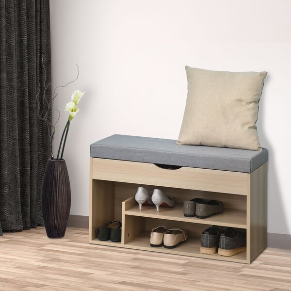 HOMCOM Panca Scarpiera 2 in 1 con Seduta Imbottita Apribile e 3 Ripiani Aperti, in Legno, 80x30x48cm, Rovere e Grigio | Aosom Italy