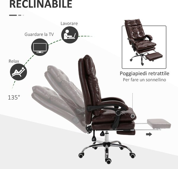 Vinsetto Poltrona Ufficio Presidenziale Similpelle Marrone Stile Chesterfield, Schienale Reclinabile 135° e Poggiapiedi|Aosom