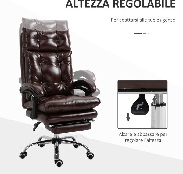 Vinsetto Poltrona Ufficio Presidenziale Similpelle Marrone Stile Chesterfield, Schienale Reclinabile 135° e Poggiapiedi|Aosom