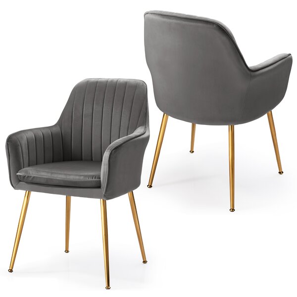 Costway Set di 2 sedie moderna comoda con sedile in spugna spessa, Poltrona rivestita e gambe in acciaio dorato Grigio
