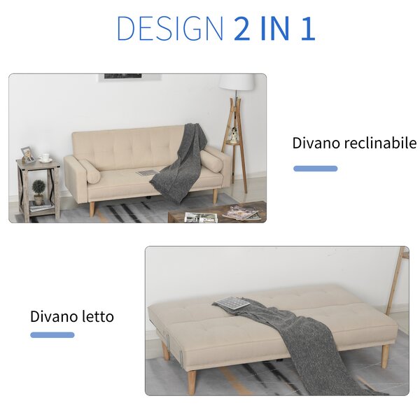 HOMCOM 2-IN-1 Divano letto imbottito 3 posti 3 levelli schienale regolabile telaio in legno con 2 cuscini cilindrici, beige | Aosom Italy
