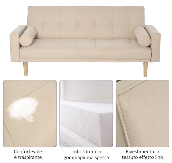 HOMCOM 2-IN-1 Divano letto imbottito 3 posti 3 levelli schienale regolabile telaio in legno con 2 cuscini cilindrici, beige | Aosom Italy