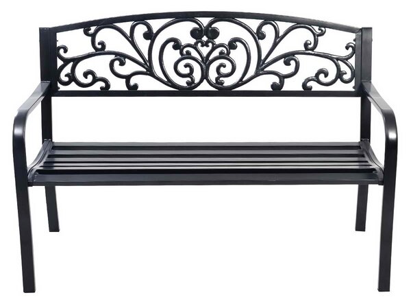 Costway Panca elegante da giardino con schienale per esterno, Panchina in ghisa con braccioli 126x60x85cm Nero