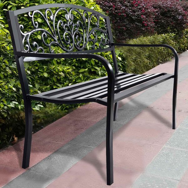 Costway Panca elegante da giardino con schienale per esterno, Panchina in ghisa con braccioli 126x60x85cm Nero