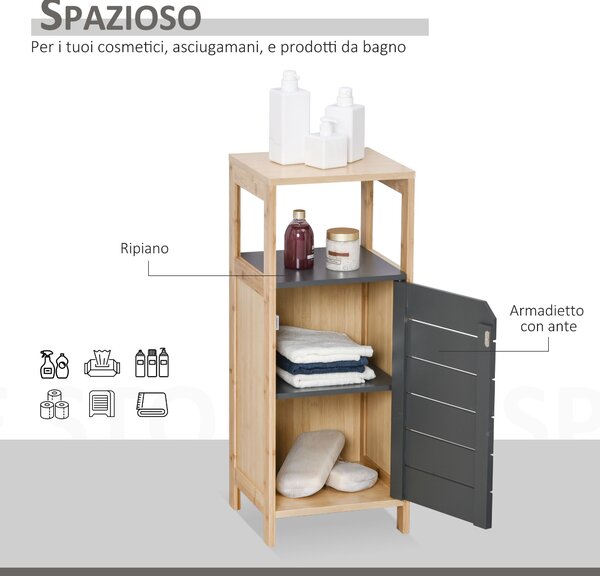 HOMCOM armadietto bagno armadio per bagno organizzatore ripiano regolabile color bambù grigio MDF 32 x 30 x 80cm