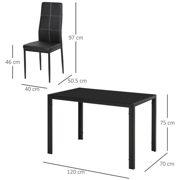 HOMCOM Set Sedie Tavolo da Prando Moderne 5 Pezzi, Sedie Sala da Pranzo Moderne in Similpelle e Tavolo in Vetro Temperato, Nero | Aosom Italy
