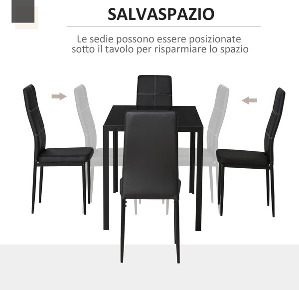 HOMCOM Set Sedie Tavolo da Prando Moderne 5 Pezzi, Sedie Sala da Pranzo Moderne in Similpelle e Tavolo in Vetro Temperato, Nero | Aosom Italy