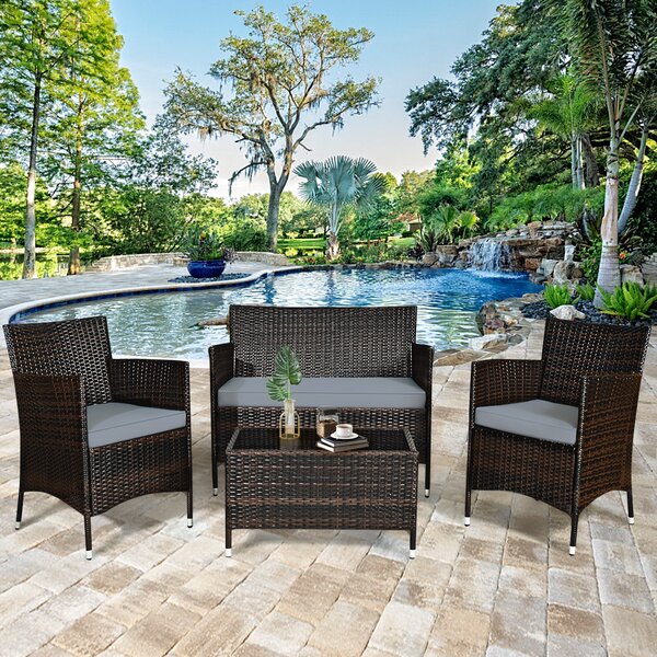 Costway Set di 4 mobili in rattan per cortile con cuscino spesso, Set conversazione per giardino prato piscina e cortile
