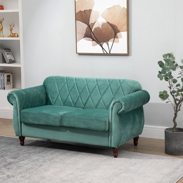 HOMCOM Divano 2 Posti in Legno e Velluto Verde, Spessa Imbottitura, Divano per 2 Persone Design Vintage Rétro, 148 x 72 x 76cm