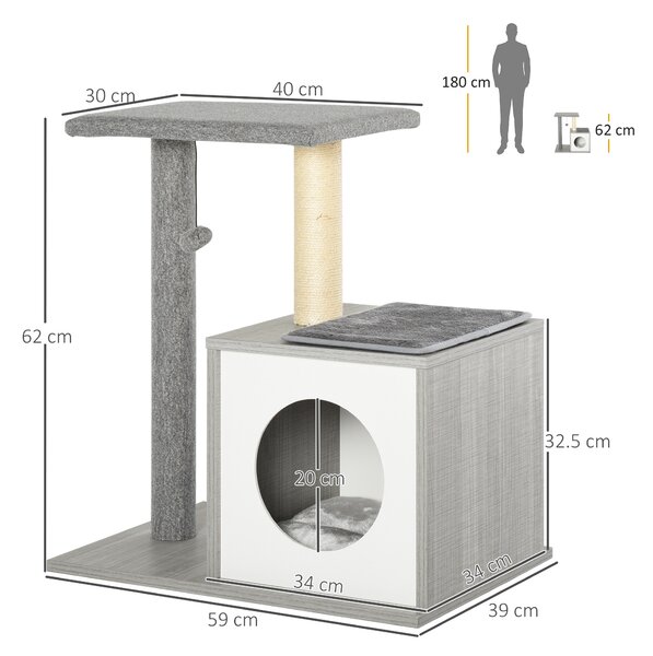 Pawhut Albero Tiragraffi per Gatti con Cuccia, Colonna in Corda Sisal e Palla Sospesa Grigio|Aosom