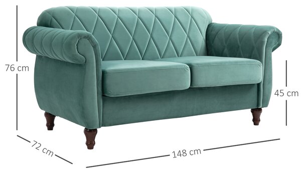 HOMCOM Divano 2 Posti in Legno e Velluto Verde, Spessa Imbottitura, Divano per 2 Persone Design Vintage Rétro, 148 x 72 x 76cm