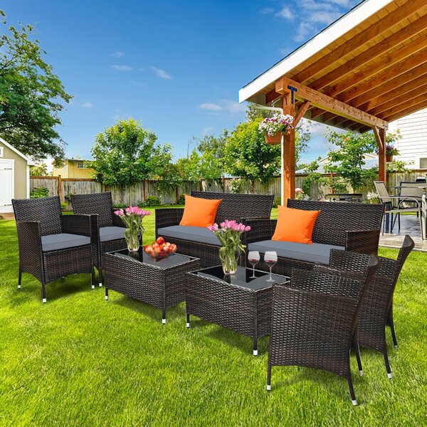Costway Set di 4 mobili in rattan per cortile con cuscino spesso, Set conversazione per giardino prato piscina e cortile