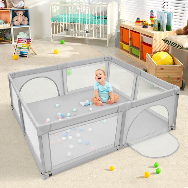 Costway Box per bambini con cancelli di sicurezza per interno, Centro attività portatile 206x185,5x68cm Grigio
