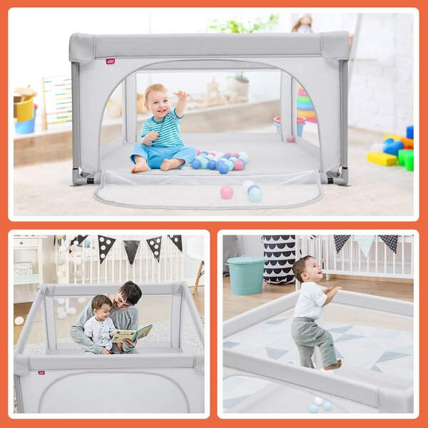 Costway Box per bambini con pareti a rete traspirante, Centro attività con cancelli di sicurezza 126x126x68cm Grigio