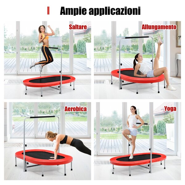 Costway Trampolino doppio per 2 persone con maniglia e cuscinetto, Trampolino ovale pieghevole per bambini e adulti Rosso