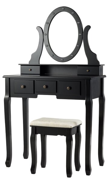 Costway Set di toletta a specchio con sgabello e cassetti Tavolo da trucco in legno con LED 80x40x140,5cm Nero