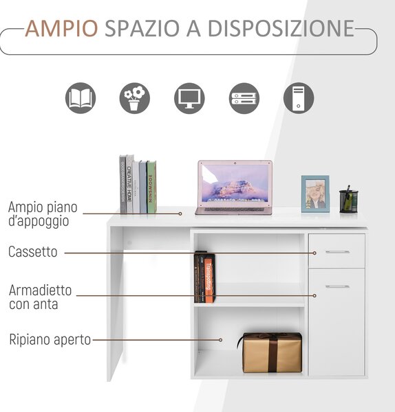 HOMCOM Scrivania Angolare con Libreria Scaffale in Legno Bianco, Tavolo da Pranzo per Computer Rotazione a 360°|Aosom