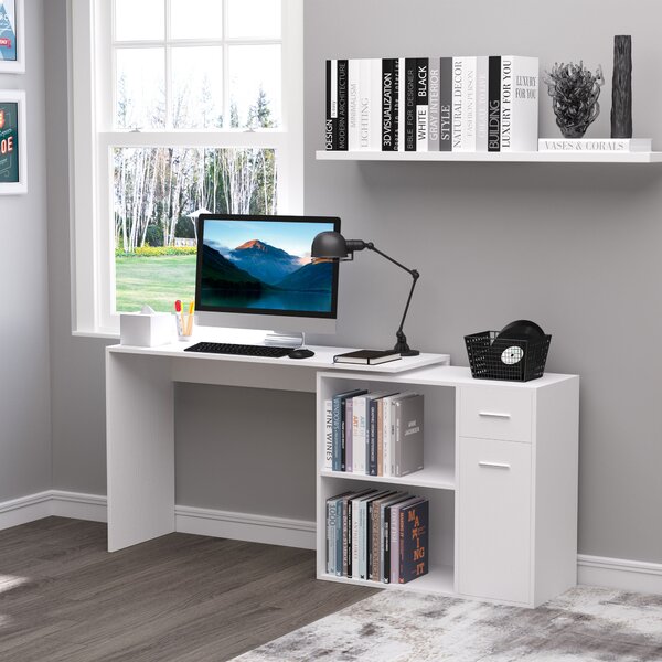 HOMCOM Scrivania Angolare con Libreria Scaffale in Legno Bianco, Tavolo da Pranzo per Computer Rotazione a 360°|Aosom