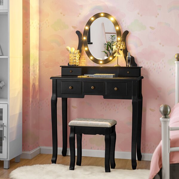 Costway Set di toletta a specchio con sgabello e cassetti Tavolo da trucco in legno con LED 80x40x140,5cm Nero