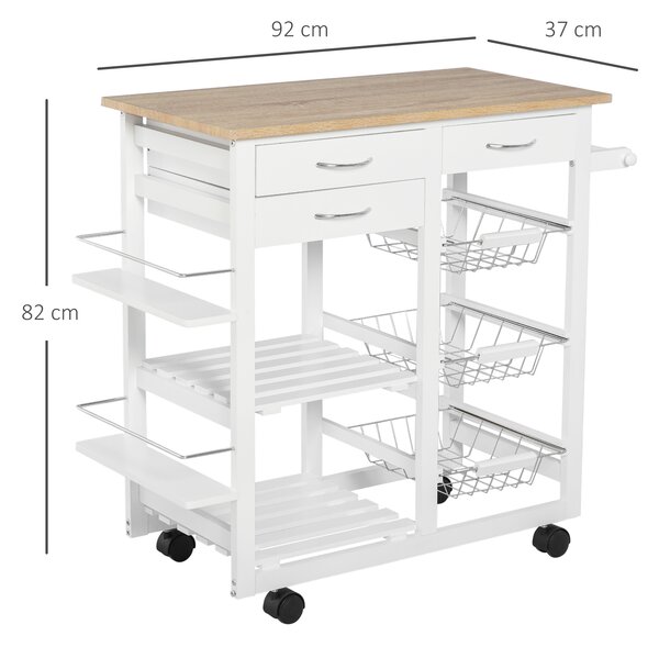 HOMCOM Carrello Cucina salvaspazio. Carrello Portafrutta bianco: 3 cassetti, 3 cestelli, 2 portaspezie, 2 ripianie e 4 ruote, 92 x 37 x 82cm|Aosom