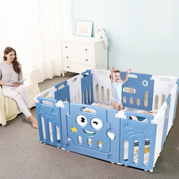 Costway Recinto per bambini con 14 pannelli pieghevoli porta richiudibile, Box per bambini da interno 160x118x65cm Blu
