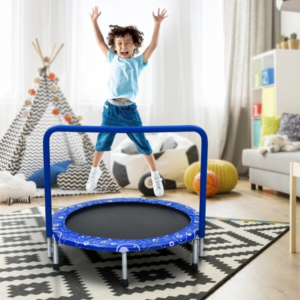 Costway Trampolino per bambini con copertura di sicurezza e maniglia, Tappeto elastico pieghevole 92x92x80,5cm Blu