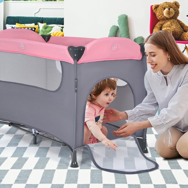 Costway Box 3 in 1 a doppio strato con culla e fasciatoio per bambini, Nursery portatile con zanzariera e ruote Rosa