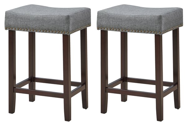 Costway Set di 2 sgabelli saddle da bar con cuscino in spugna borchie in ottone, Sgabelli in legno gomma 43x33x61cm Grigio